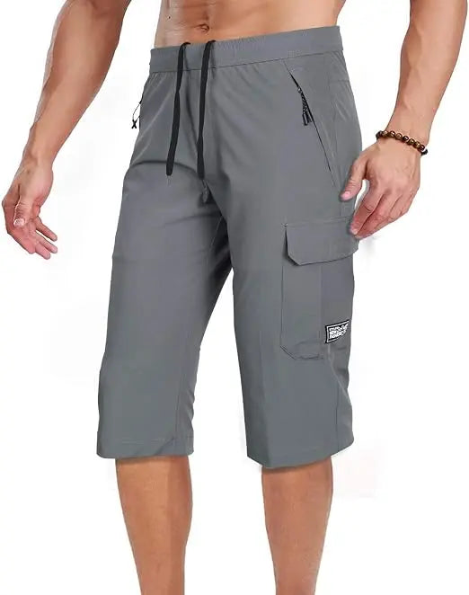 Wearo men’s grey cargo shorts with black drawstring waist, zip pockets and utility side pocket.