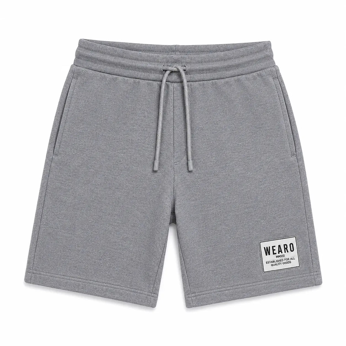 WEARO men's grey casual drawstring shorts with side pockets and branded patch on white background