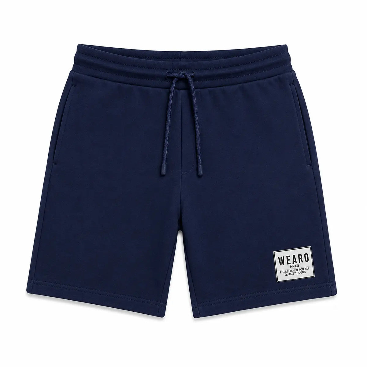 WEARO men's navy blue casual drawstring shorts with side pockets on white background
