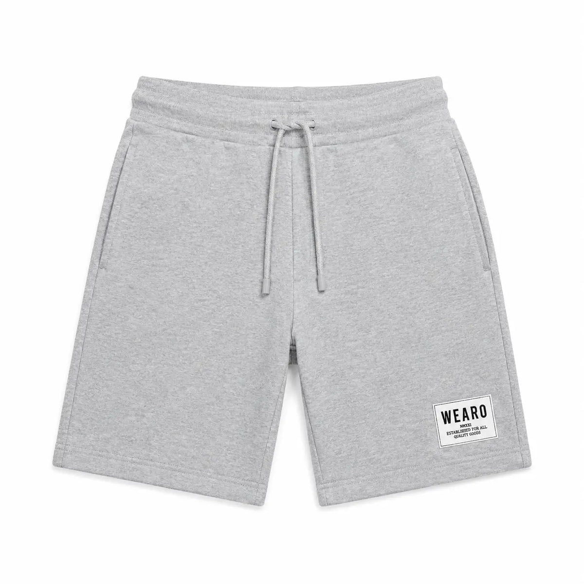WEARO men's light grey drawstring shorts with side pockets and branded patch on white background