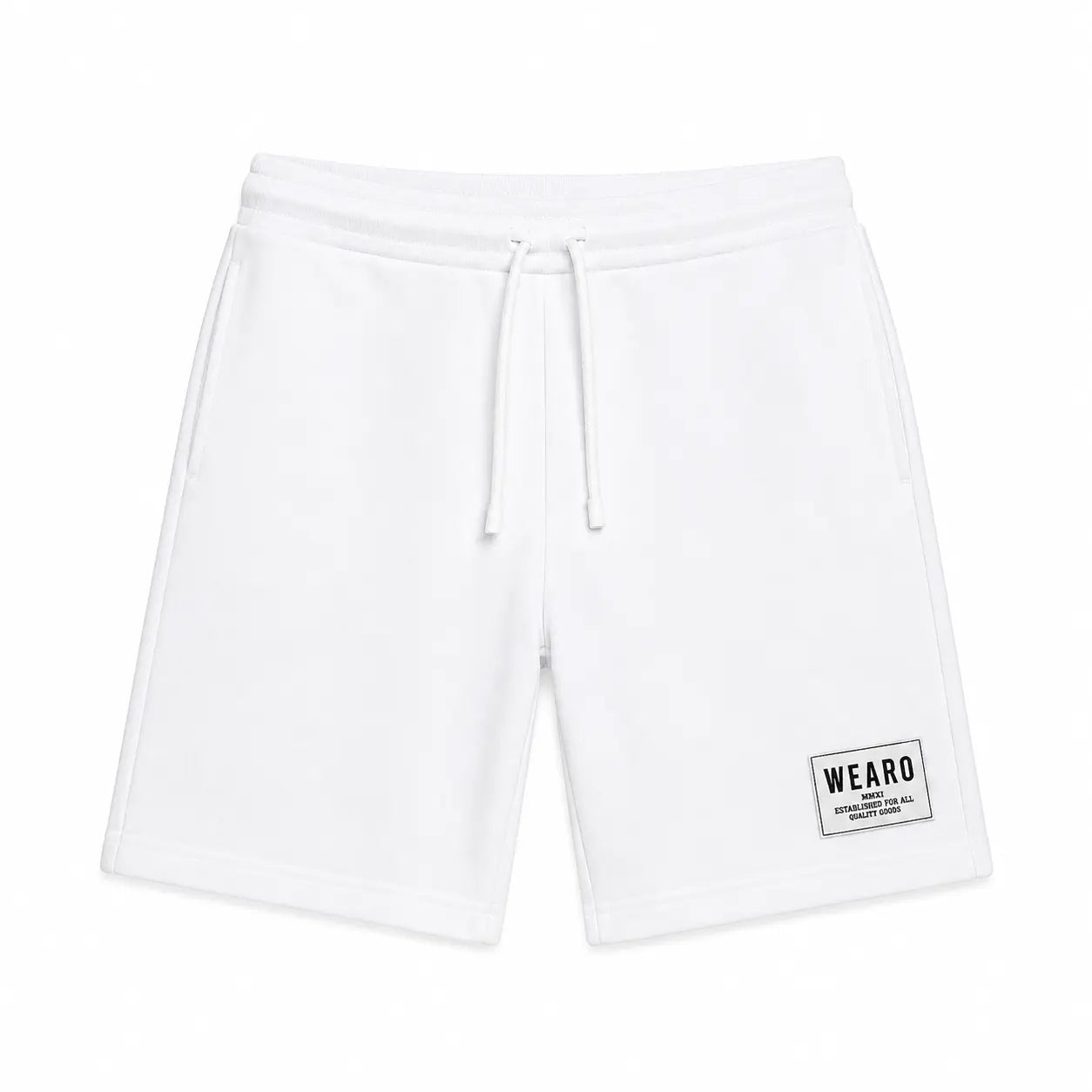 WEARO men's white drawstring shorts with side pockets and branded patch on white background