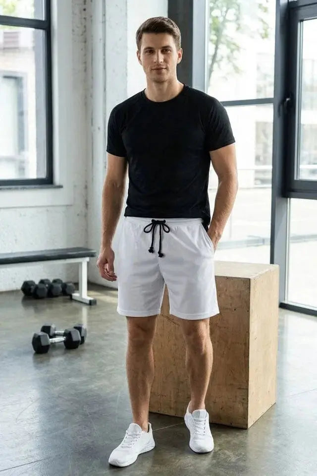 “Wearo men’s white drawstring shorts styled with a black T-shirt and white sneakers for a clean casual activewear look.”