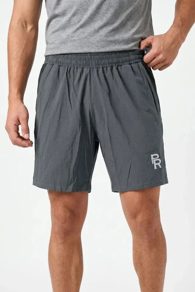 Men’s gray athletic shorts with elastic waistband and embroidered logo